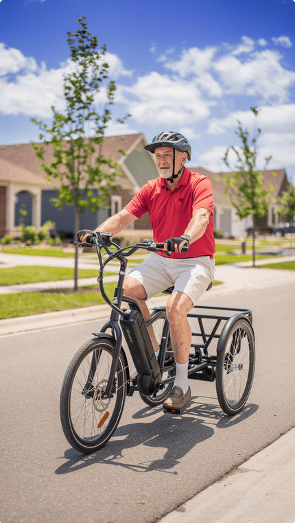 senior wearing helmet on trike