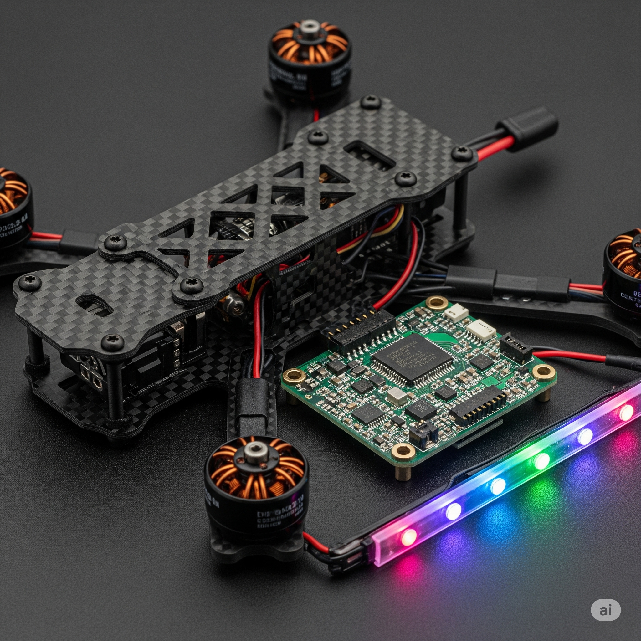 Alt Tag: A close-up, detailed shot of drone components like a frame, flight controller, and motors on an anti-static mat.