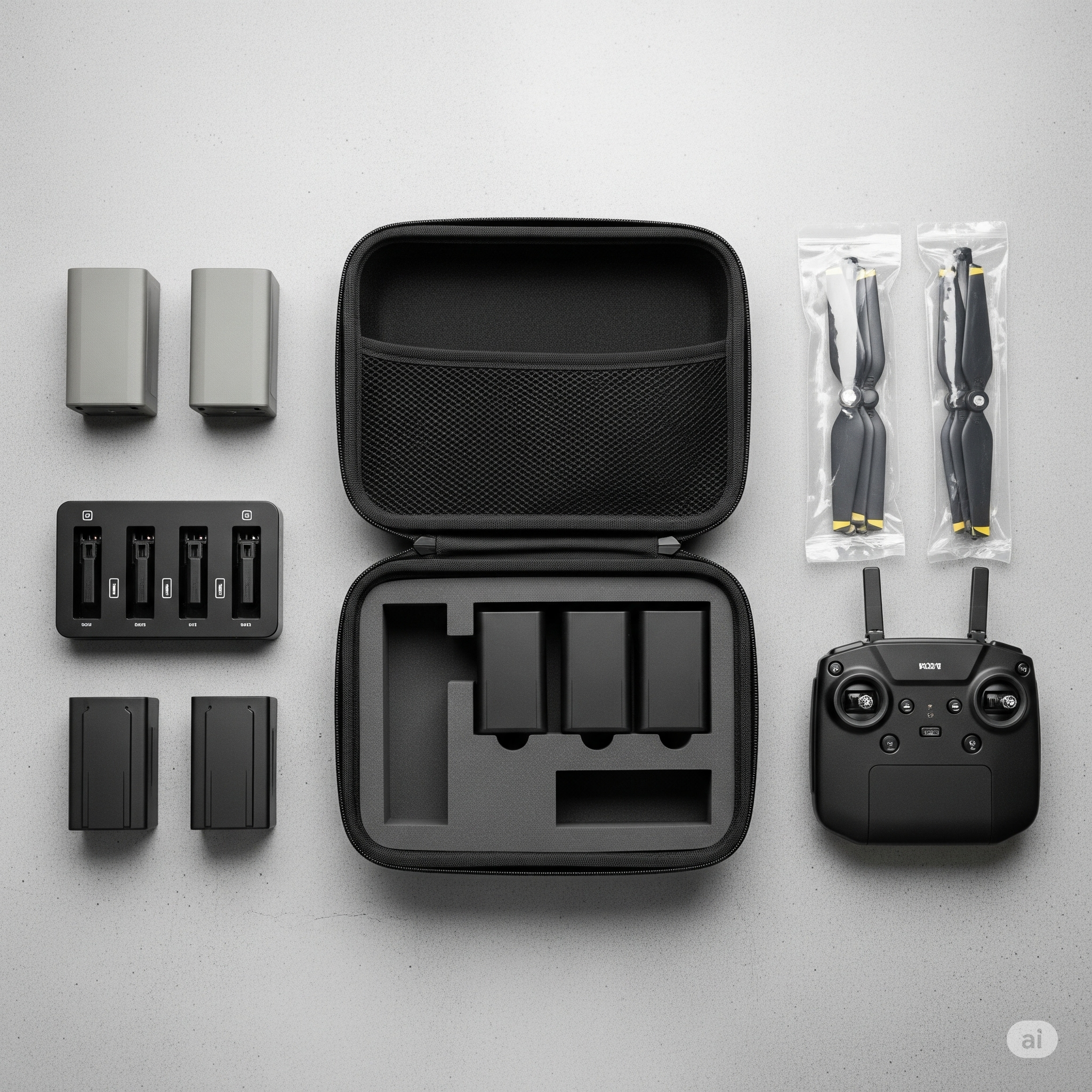 A flat-lay photograph of essential drone accessories including spare batteries, a charger, propellers, and a drone case.