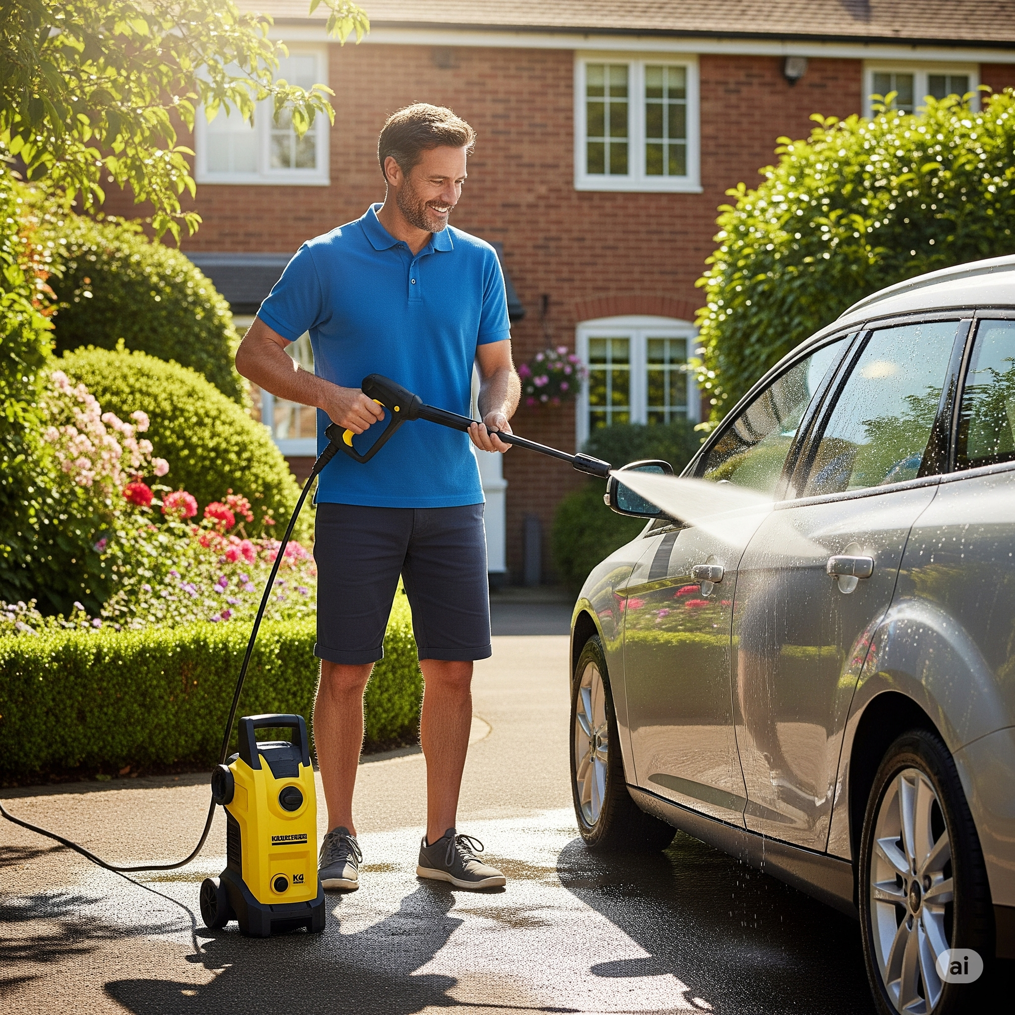 Man using a Kärcher electric pressure washer to safely clean a silver car."