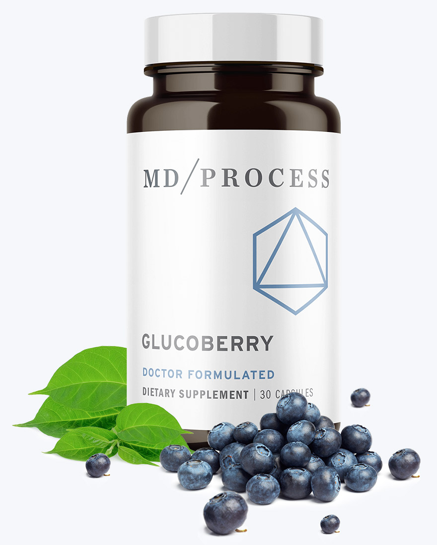 A glucoberry product with blueberries around its base