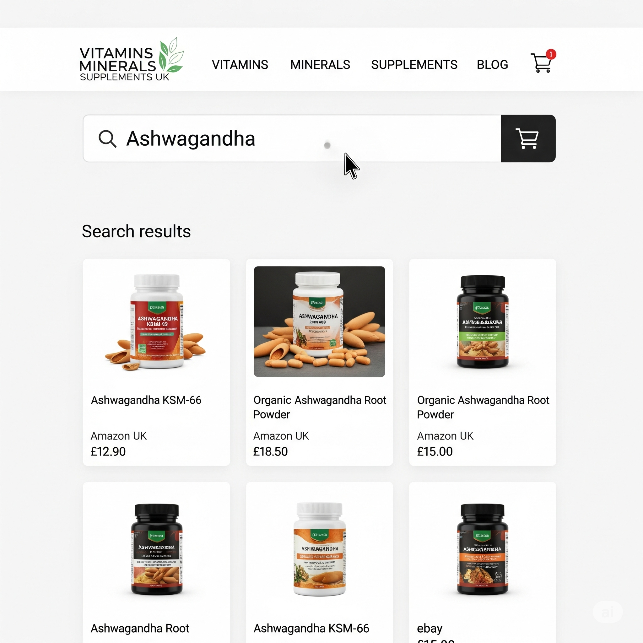 The user-friendly interface of the Vitamins Minerals Supplements UK price comparison tool, showing results for Ashwagandha supplements.