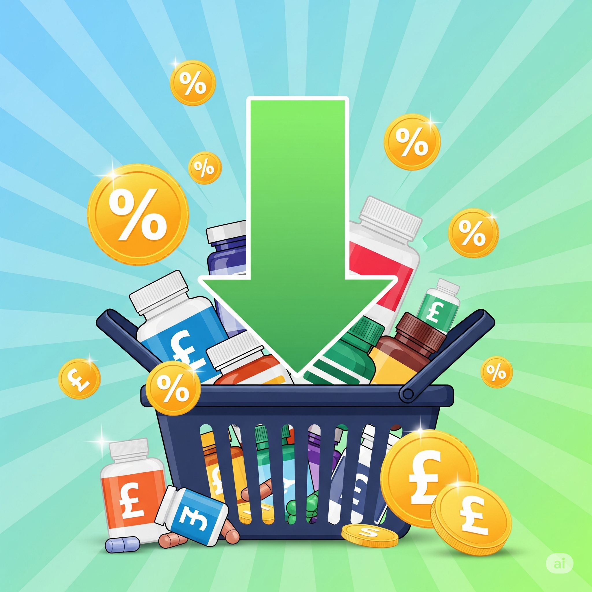 A graphic representing supplement savings, with a shopping basket full of products, a green down arrow, and icons of percentages and pound coins.