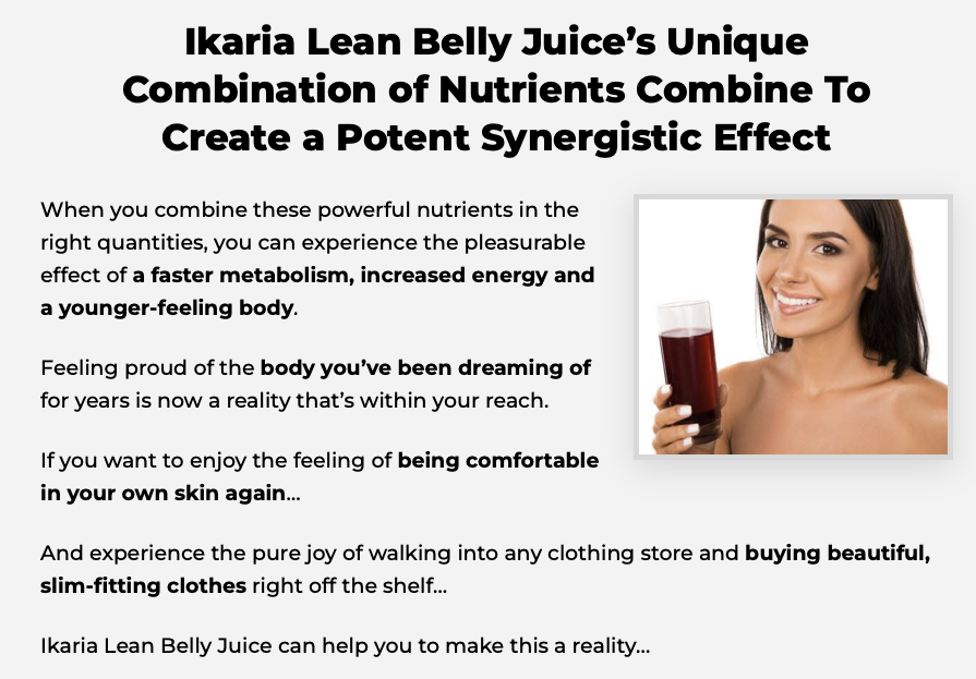 A picture of a lady holding a lean belly juice. the text discribing the unique combination of nutrients