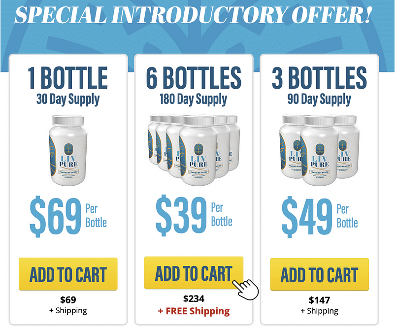 Liv Pure Product purchase banner, quantities offer is 1, 3, or 6