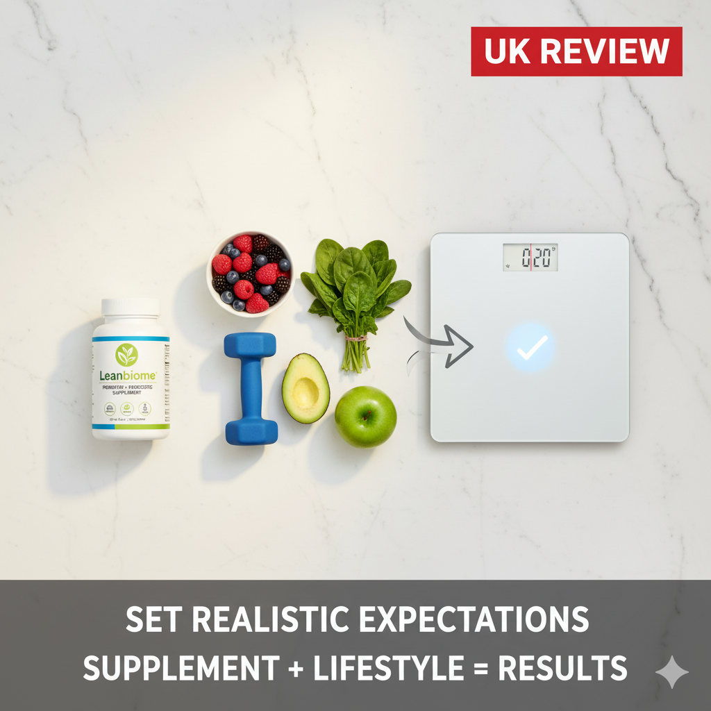 Visual representing Leanbiome supplement bottle alongside healthy food, exercise, and a weight scale, symbolizing a holistic approach to weight loss and managing expectations.