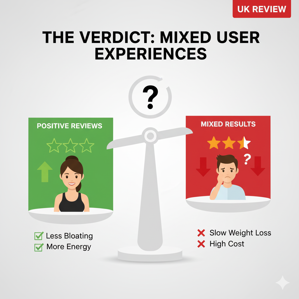 Graphic showing a balance scale with "Positive Reviews" on one side and "Mixed Results" on the other, representing the varied outcomes of Leanbiome users.