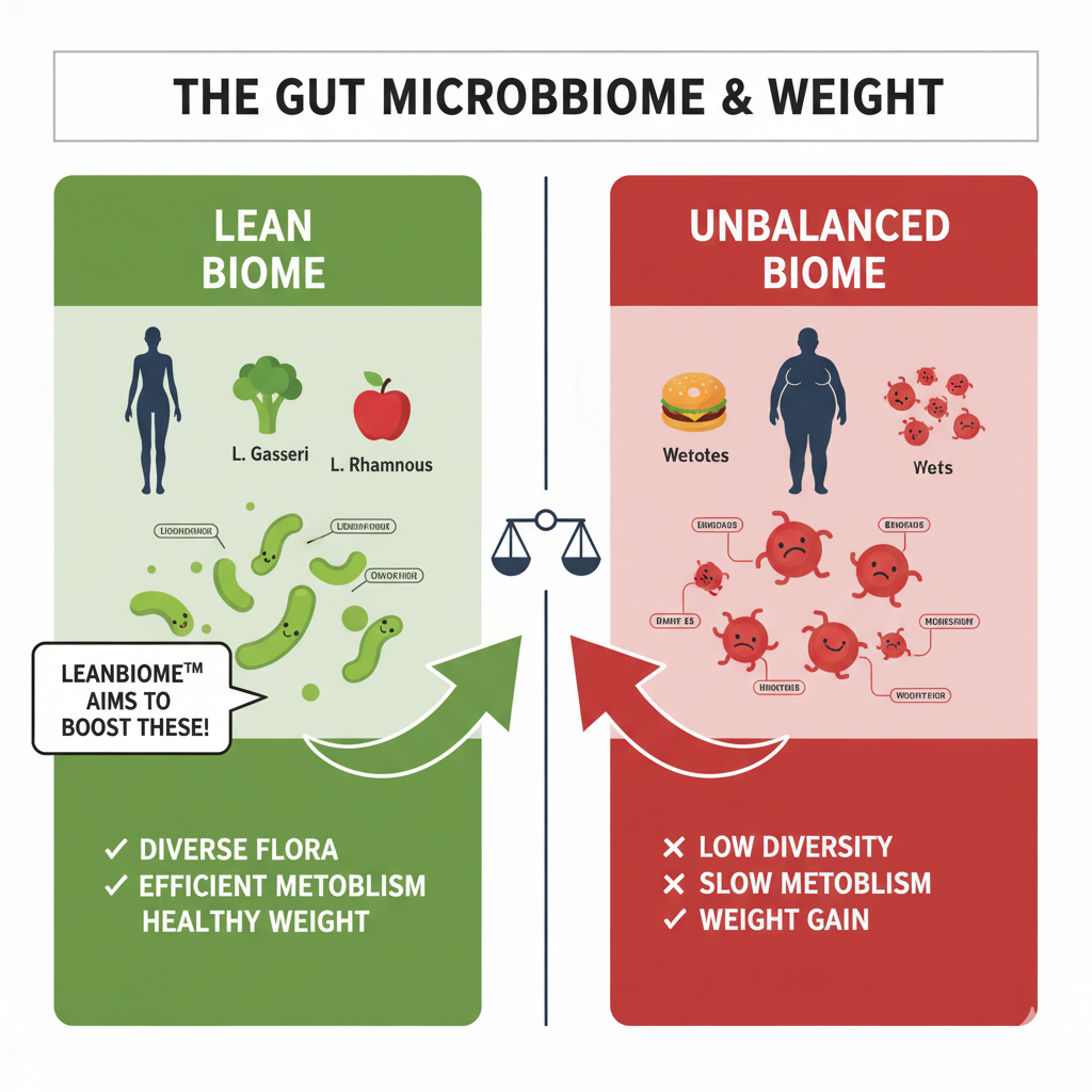 Infographic illustrating the balance between "lean" and "fat" bacteria in the gut microbiome for weight management.