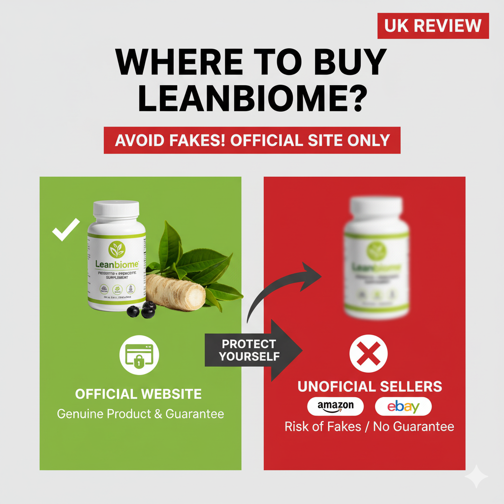 Warning graphic showing a genuine Leanbiome bottle next to a blurred, fake bottle, with icons for official website vs. unofficial sellers like Amazon, indicating a warning against counterfeits