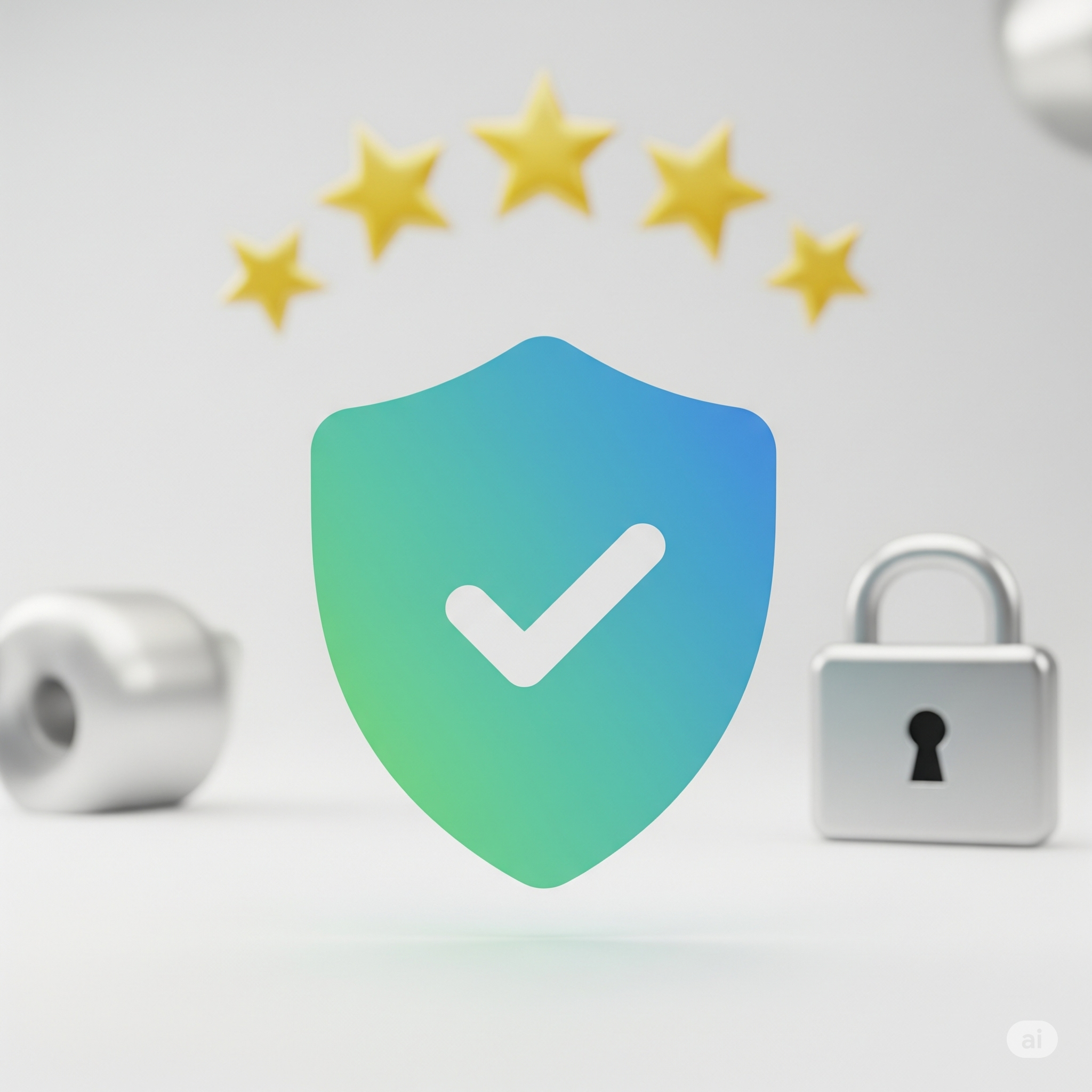 An icon of a shield with a checkmark, representing trust and security in online shopping, with review stars and a padlock in the background.