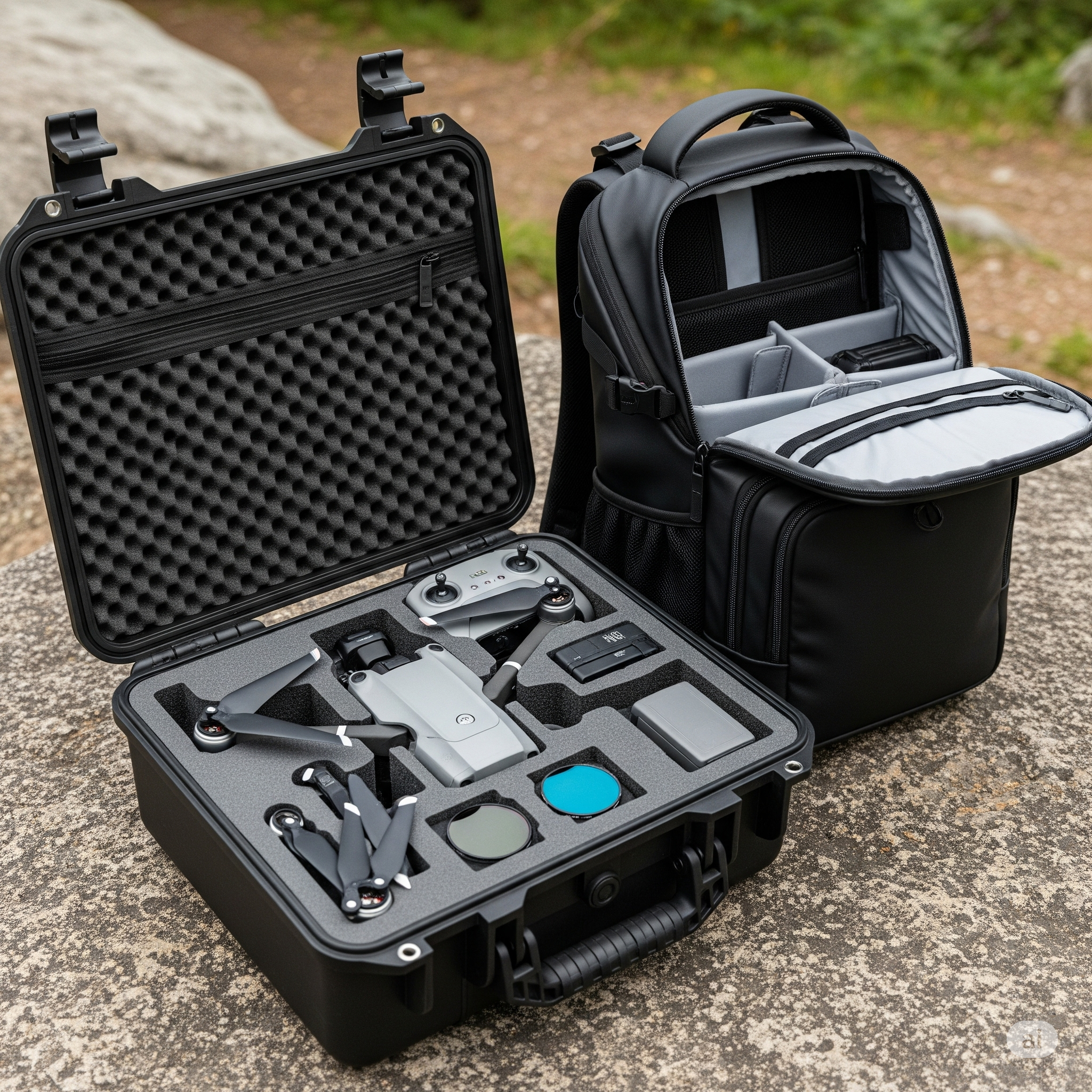 A photograph showcasing a durable, waterproof hard case open to reveal a custom foam insert holding a drone and accessories,