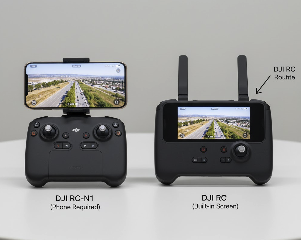 Side-by-side comparison of DJI RC-N1 controller with a smartphone attached and the DJI RC controller with its integrated screen highlighted