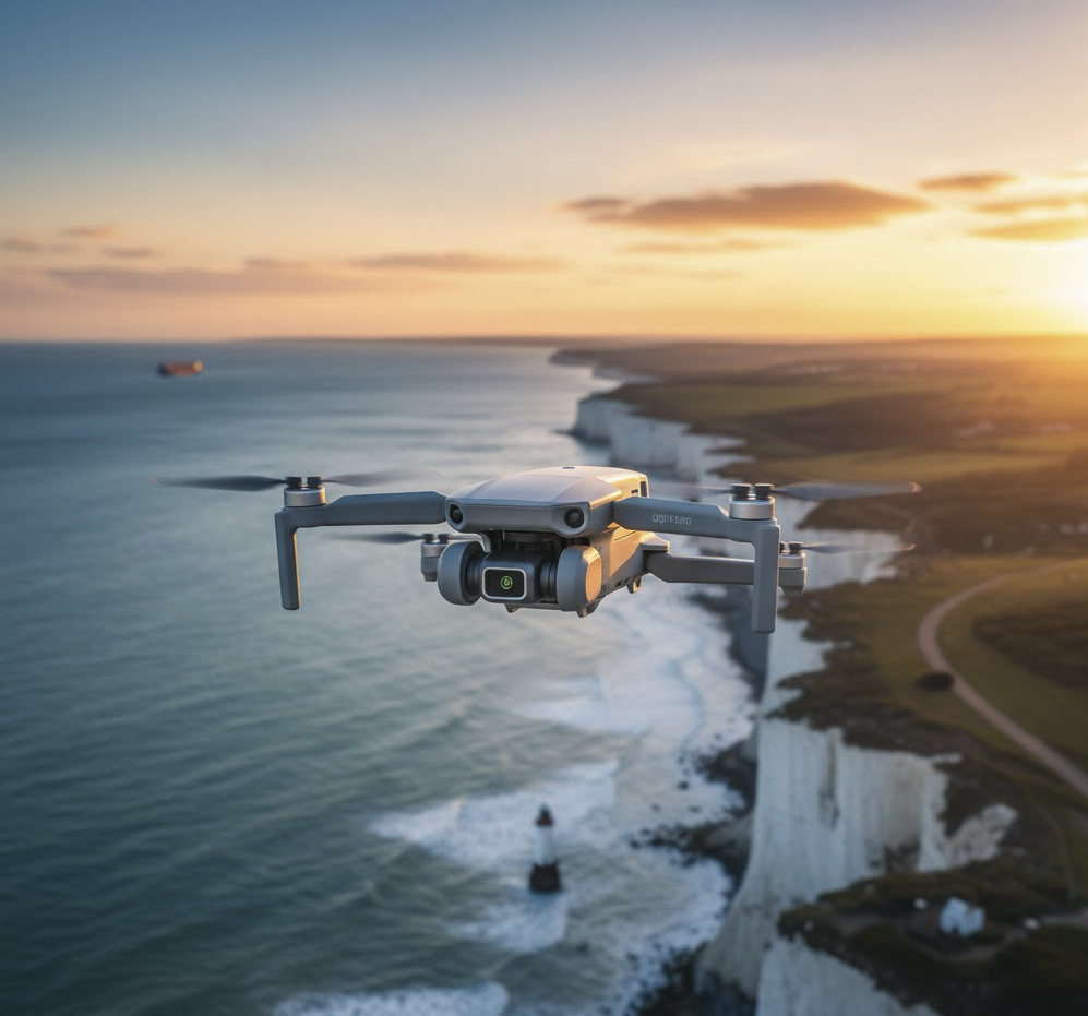 Aerial view of a picturesque UK coastal town with winding roads and boats in the bay, with text overlay: DJI Mini 3 Pro UK Review: Is It Still The Best?