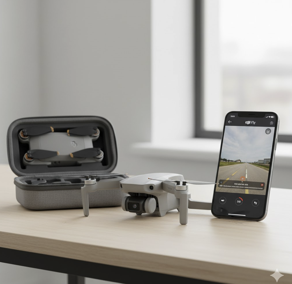 DJI Mini 3 Pro drone folded next to a smartphone displaying the DJI Fly app and a small drone carry case, emphasizing portability