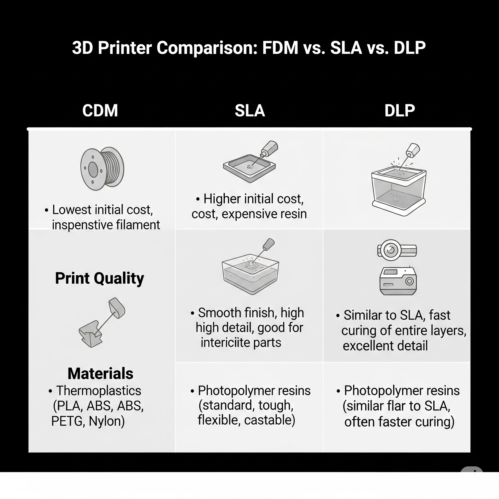 Chart comparing different types of 3D printers including FDM, SLA, and DLP.