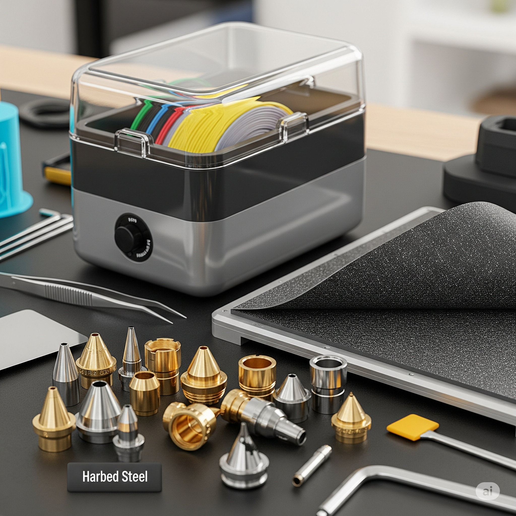 A collection of 3D printing accessories, including nozzles and a filament dryer.