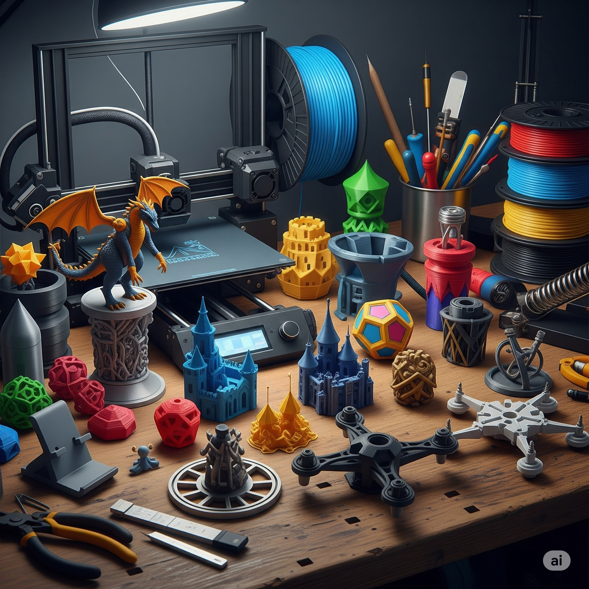 A collection of finished 3D printed objects in various shapes and colors.