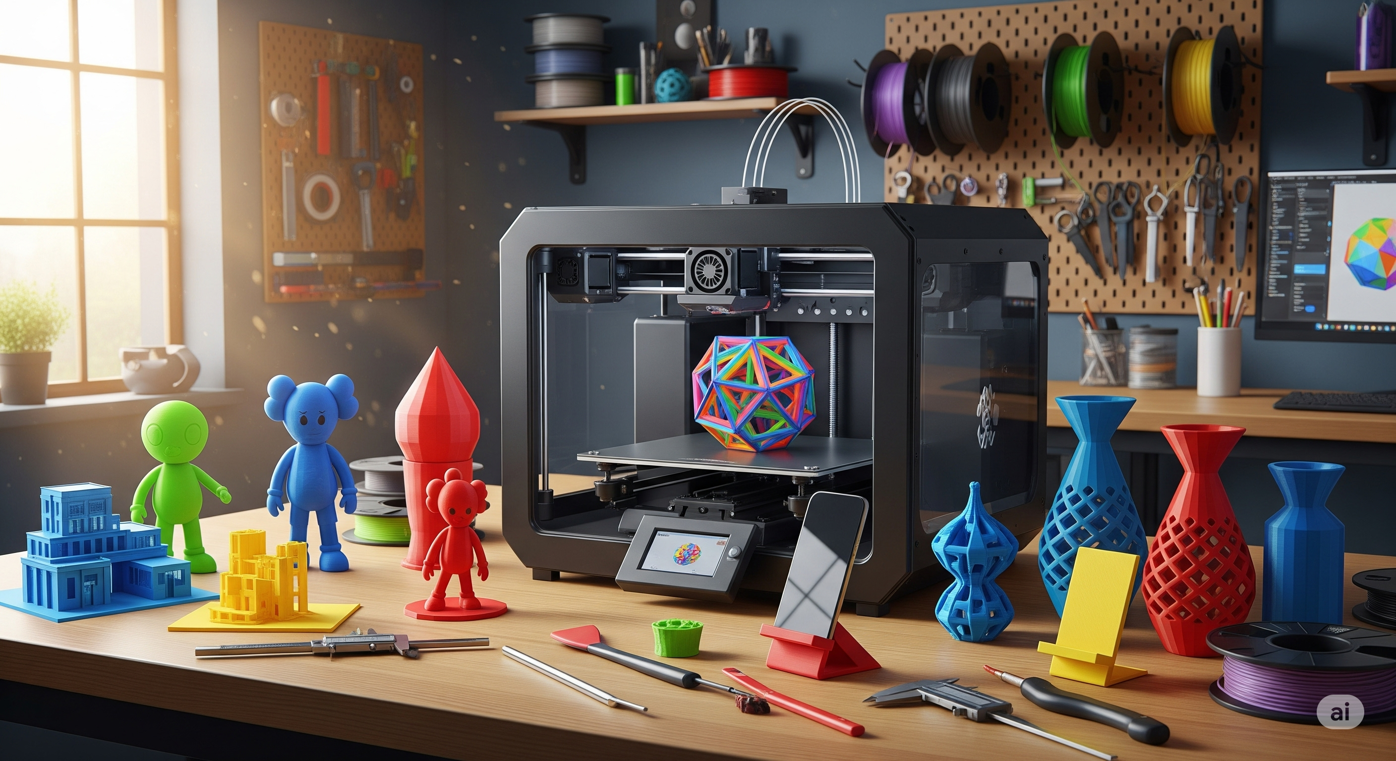 Modern 3D printer in a workshop with various finished prints on the workbench.