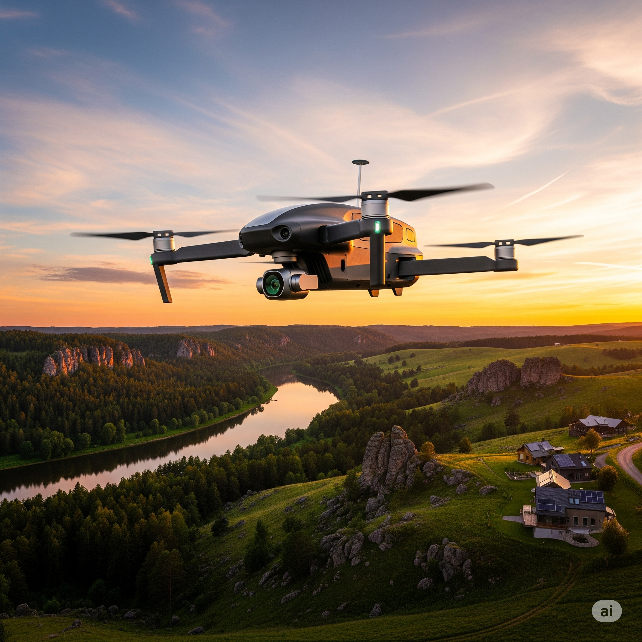 A camera drone capturing a stunning view of mountains and a lake.