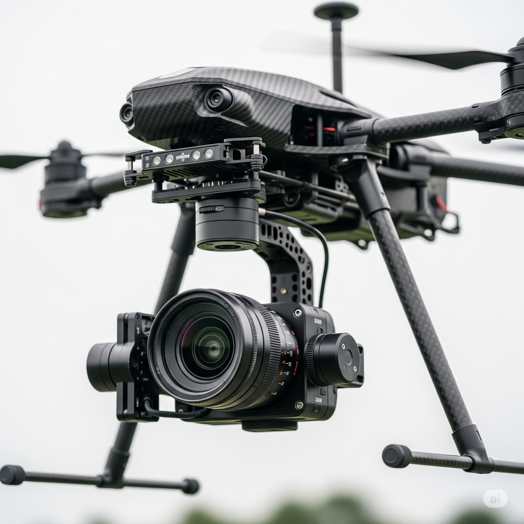Detail shot of a camera drone's gimbal and high-resolution camera.