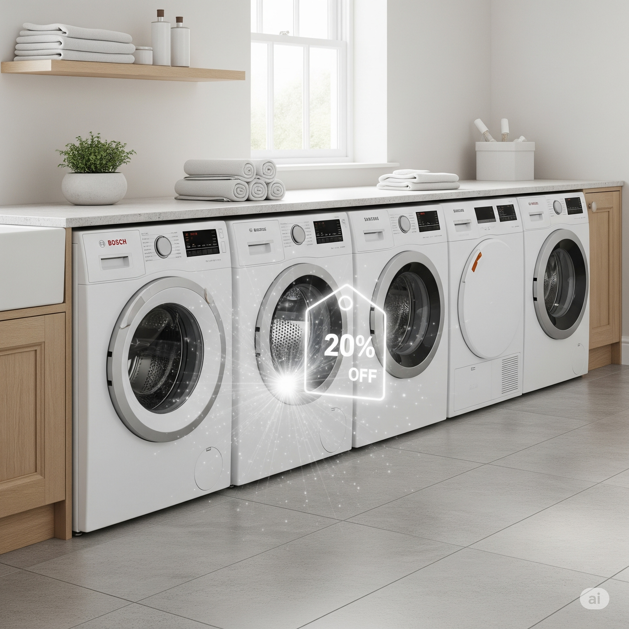 Modern washing machines and tumble dryers in a well-lit laundry room with a subtle '20% OFF' graphic, hinting at savings