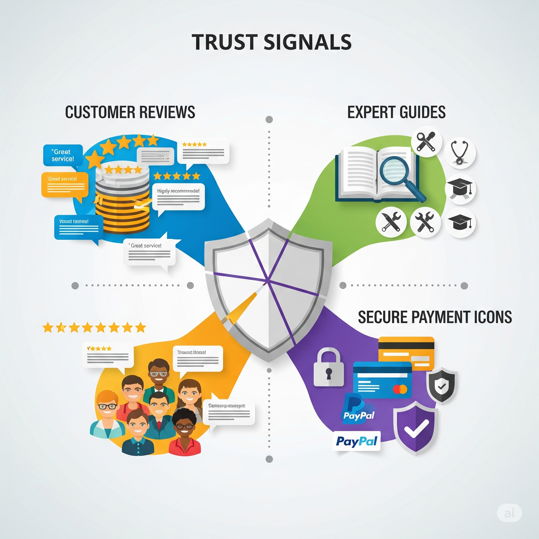 Graphic representing trust factors in online shopping for home appliances.