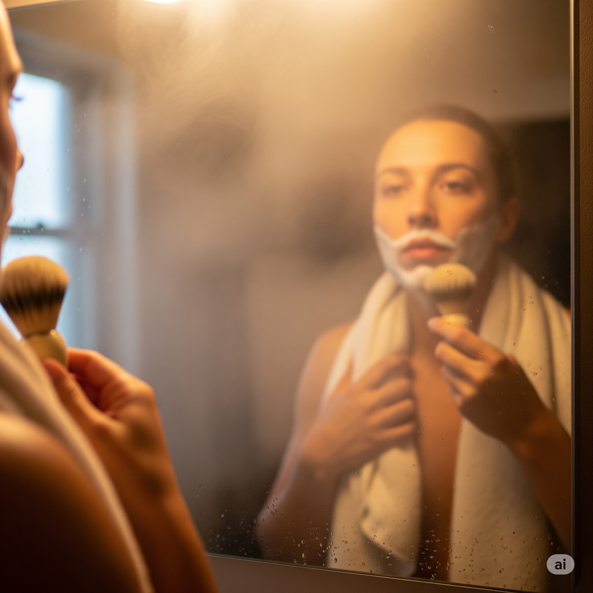 Steamy bathroom mirror with a person preparing to shave] [Alt Tag: Steaming face before shaving for optimal preparation