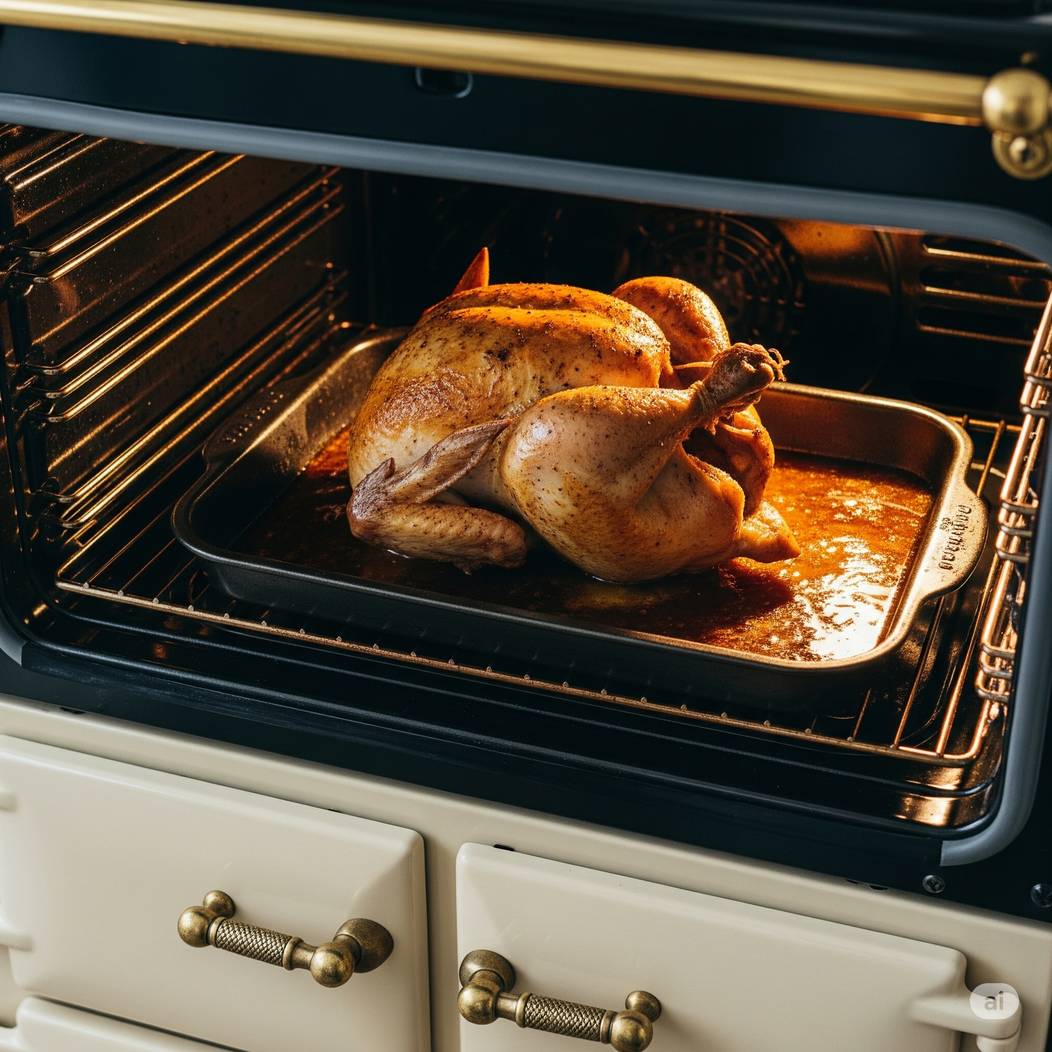 A perfectly roasted chicken with golden, crispy skin resting in a roasting pan inside a warm, vintage-style range cooker oven, showing a delicious meal in progress.