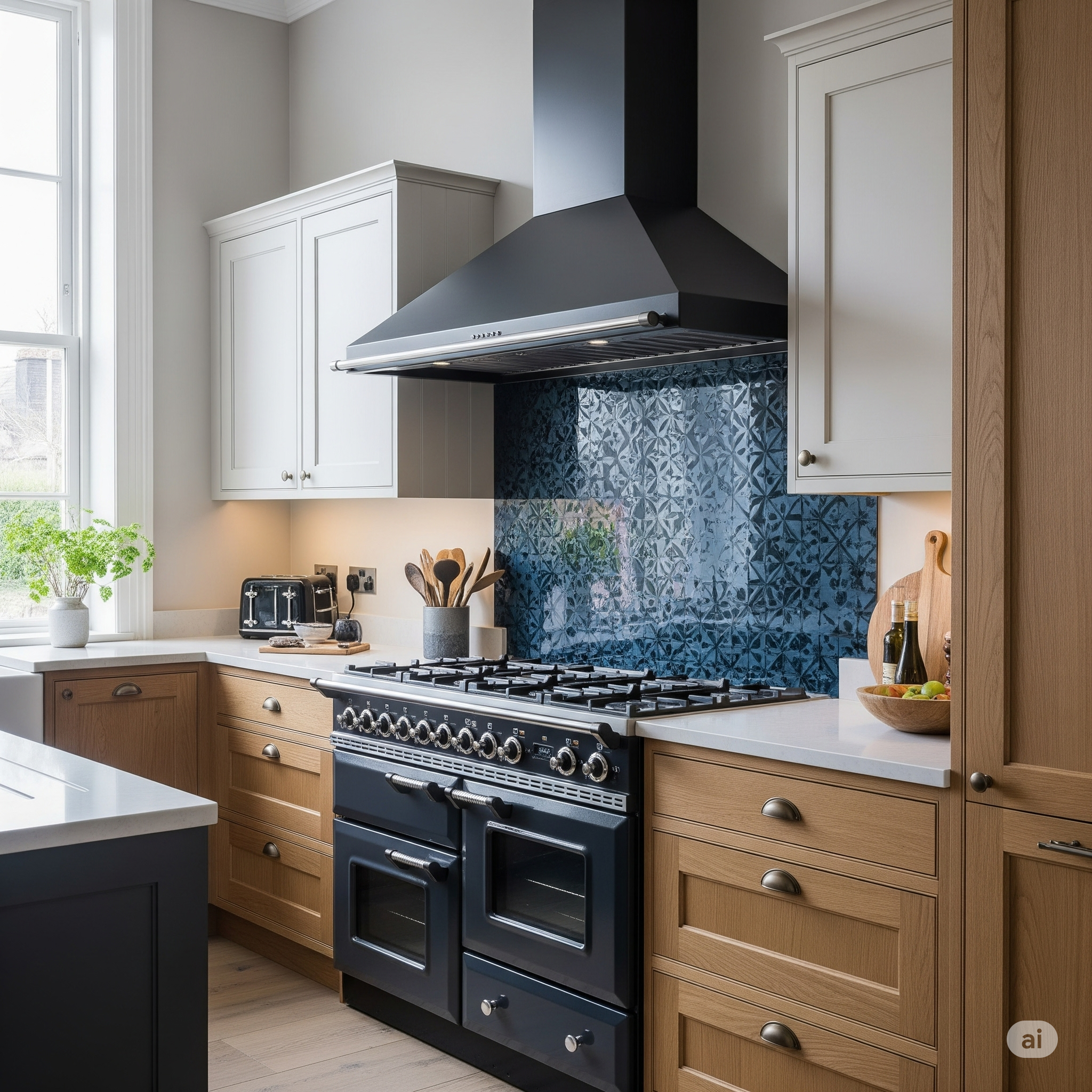 A stylish kitchen featuring a dark range cooker, a matching black chimney hood, and a decorative blue patterned splashback, all framed by light wooden and white cabinets.