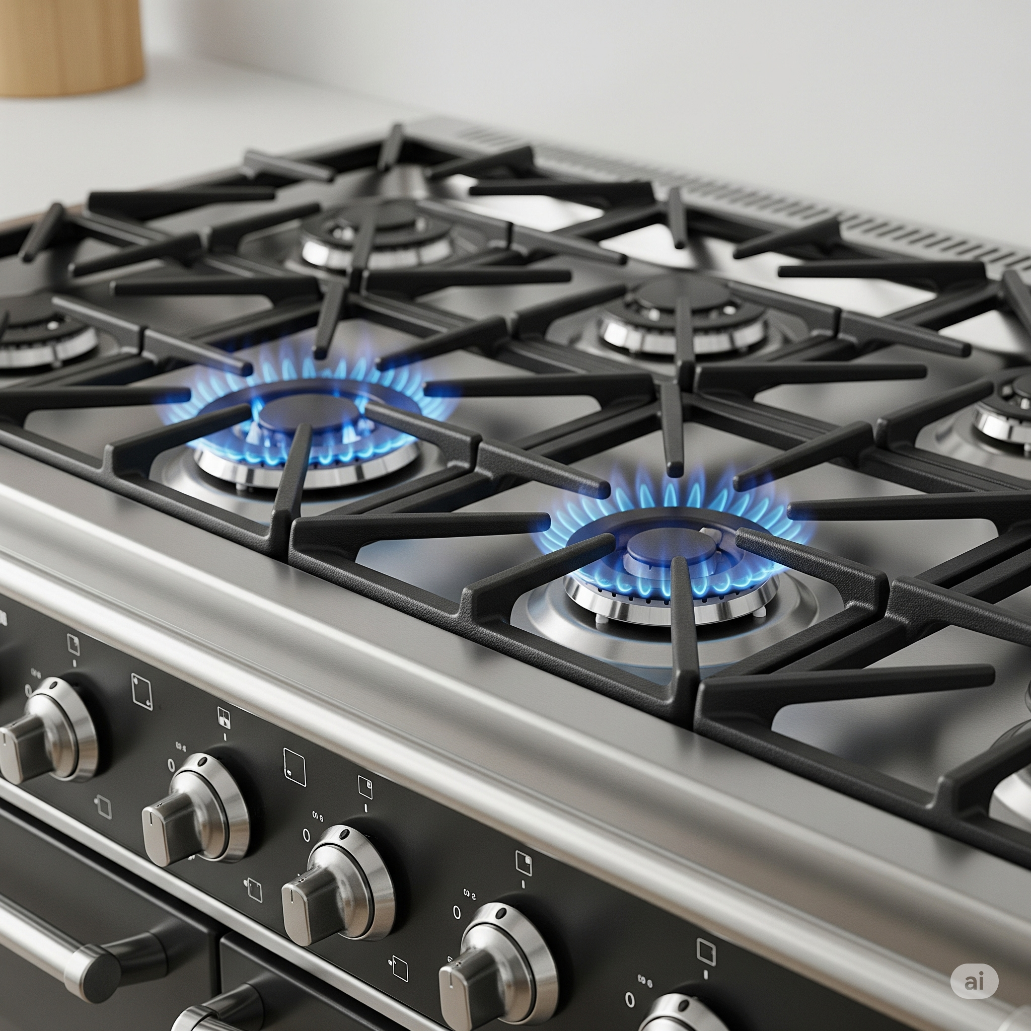 A close-up of a range cooker hob with gas burners displaying blue flames and other electric burners, highlighting the various cooking zones on a polished stainless steel surface.