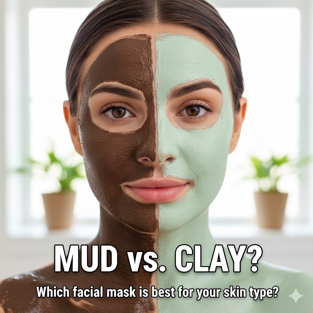 Woman with a split-face mud mask vs. clay mask treatment. Use this for a Facebook post to ask: Which facial mask is best for your skin type?