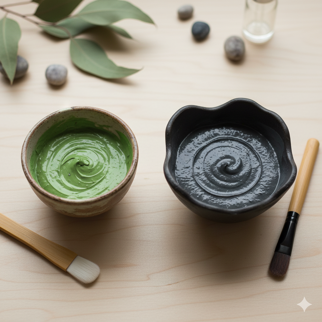Types of clay masks and dead sea mud mask in separate bowls, ready for application to demonstrate the differences in color and composition.