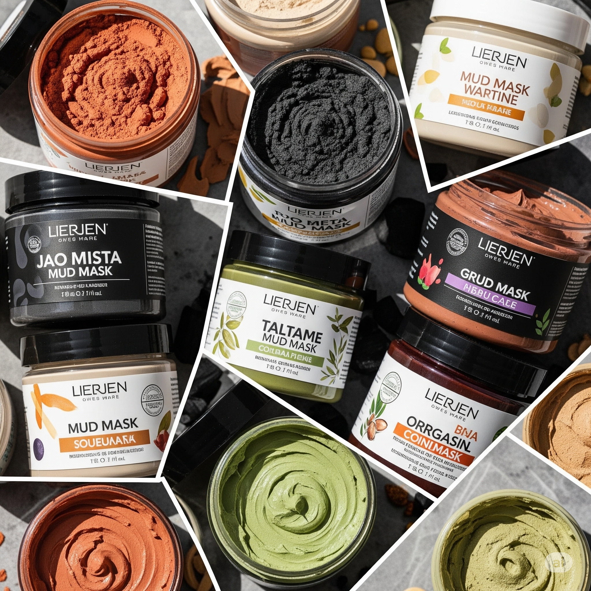 Collage of different types of mud mask jars and textures including clay, charcoal, and organic masks