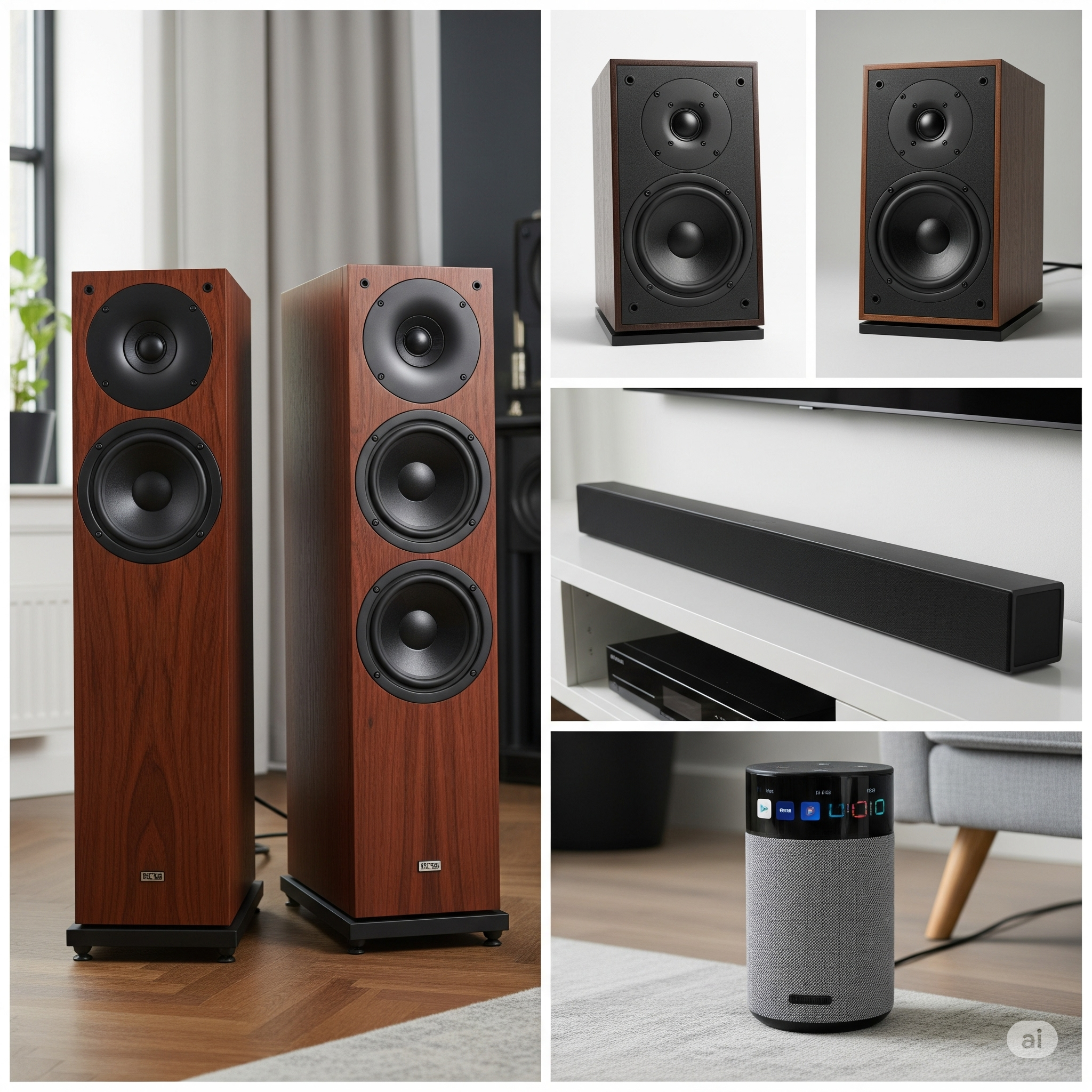 Montage of various speaker types: floor-standing, bookshelf, soundbar, and a smart speaker