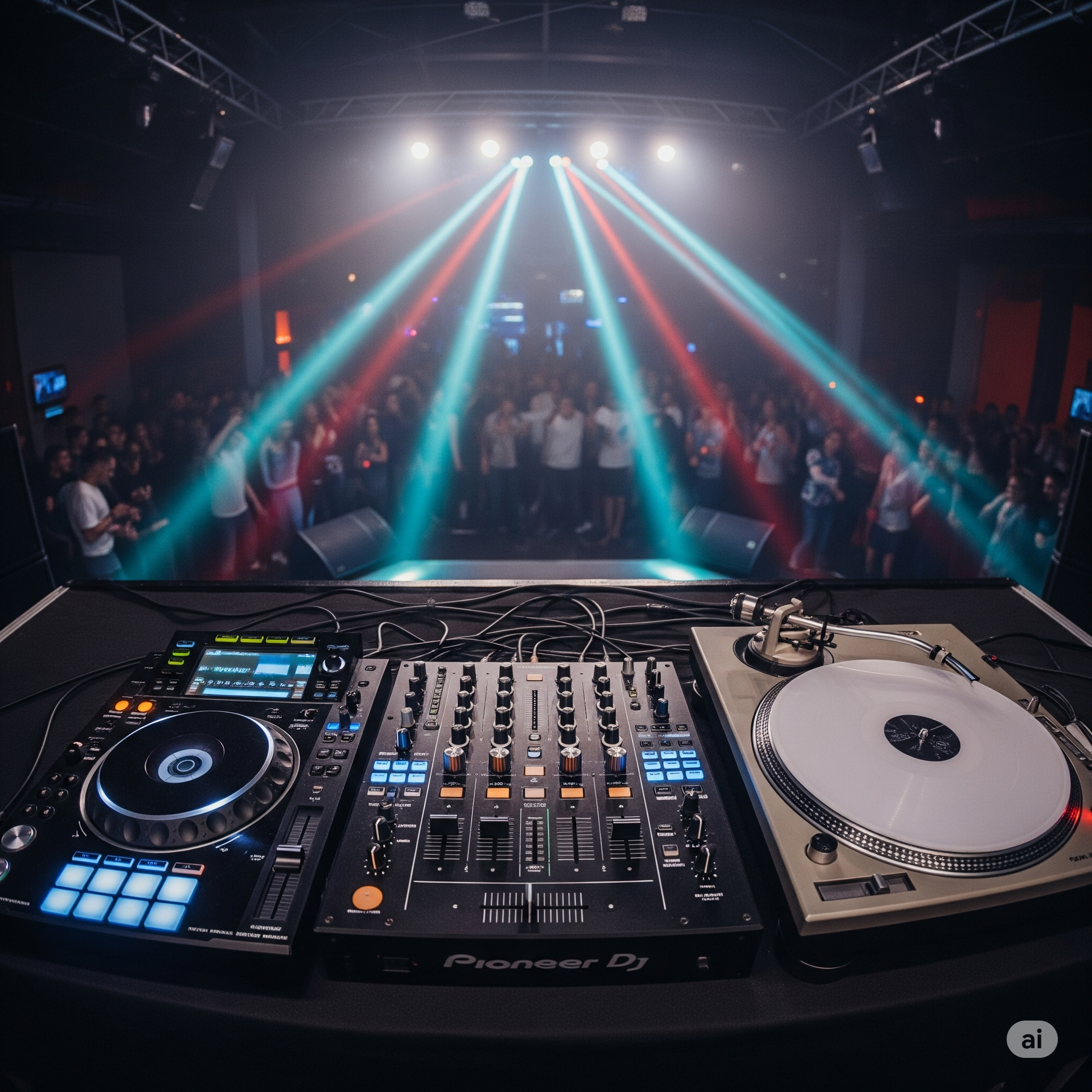 A professional DJ setup featuring a controller, turntable, and mixer with the Hi Mr DJ logo discreetly overlaid