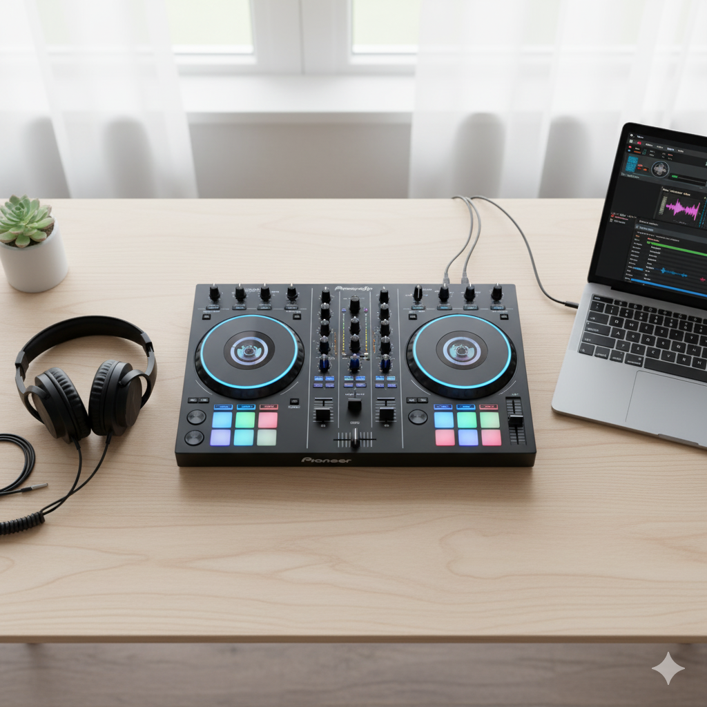 Essential DJ starter kit with a sleek, black DJ controller and professional headphones, viewed from above on a clean, light surface.
