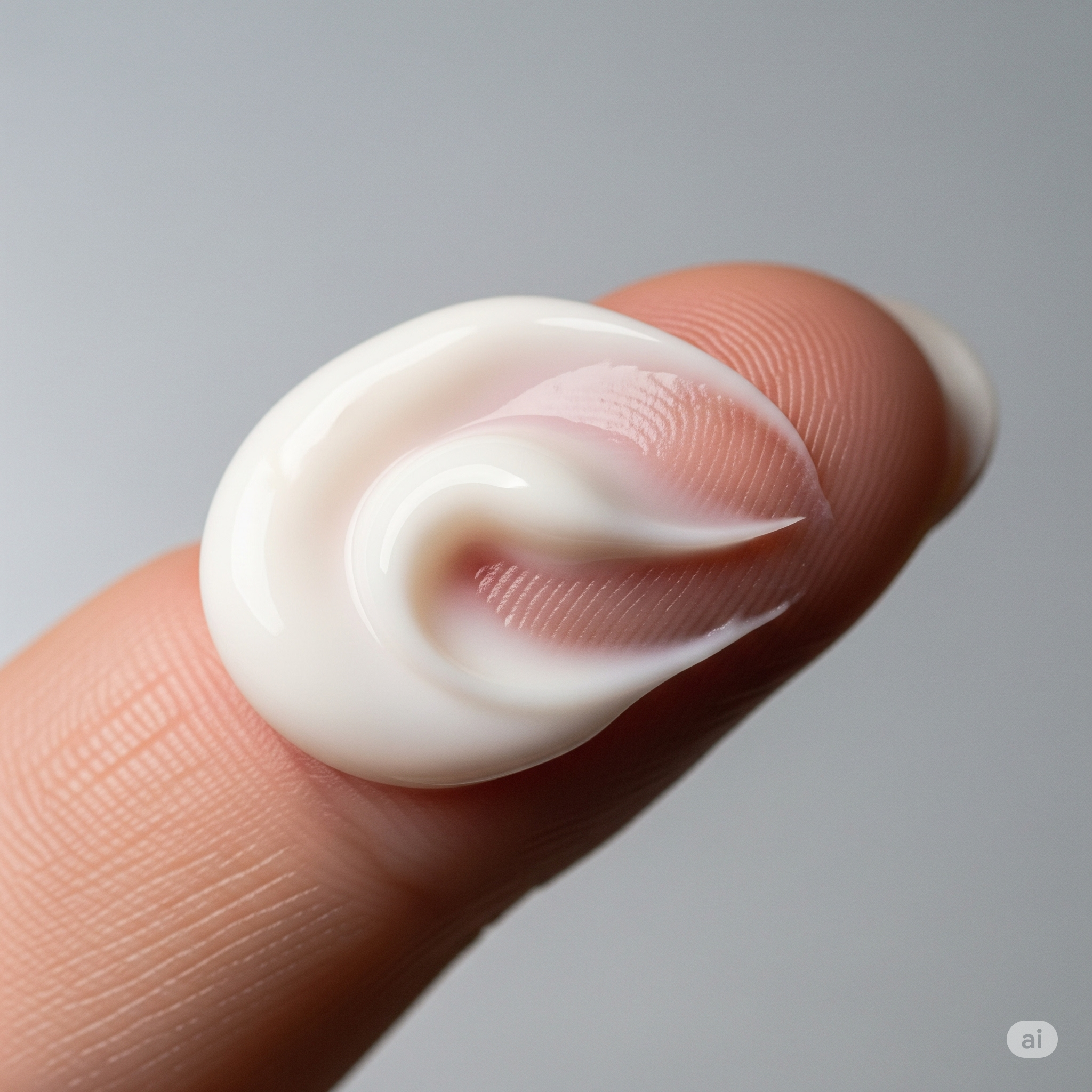 A luxurious, high-end cosmetic product texture shot. Macro photography of a fingertip holding a perfect swirl of rich, creamy eye cream.