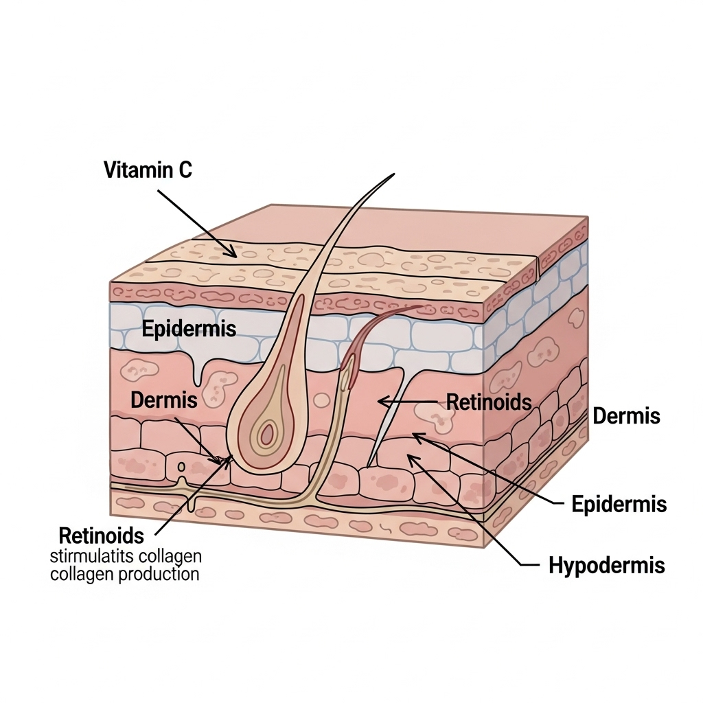 A diagram illustrating the layers of the skin (epidermis, dermis, hypodermis) and where different anti-aging ingredients like retinoids and vitamin C exert their effects.