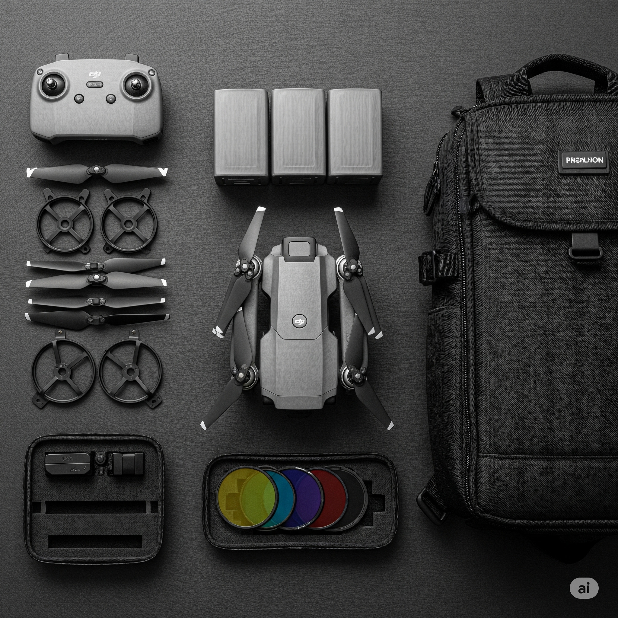 A clean, top-down flat lay photograph of drone accessories arranged neatly on a modern, textured surface like dark slate or a wooden table.