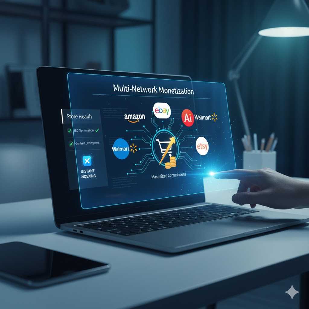 Multi-Network Monetization dashboard showing how Fresh Store Builder maximizes commissions across Amazon, eBay, Walmart, and Etsy, with checks for Store Health and IndexNow.