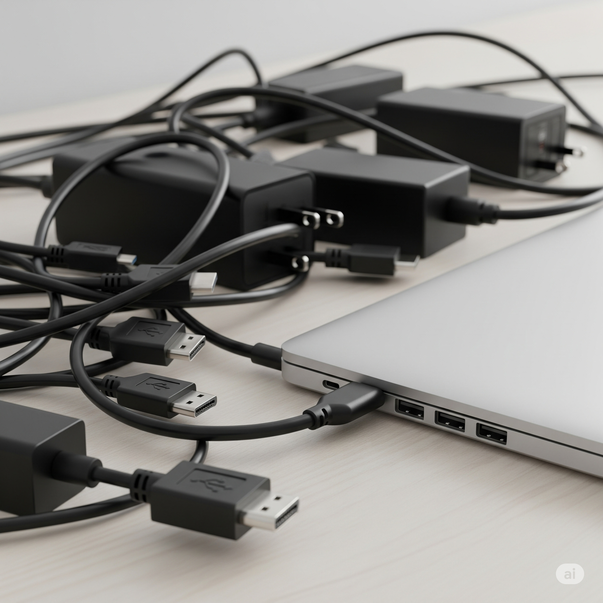 image of a messy, tangled pile of old computer cables (like USB-A, HDMI, power bricks) sitting next to a sleek, modern, ultra-thin laptop