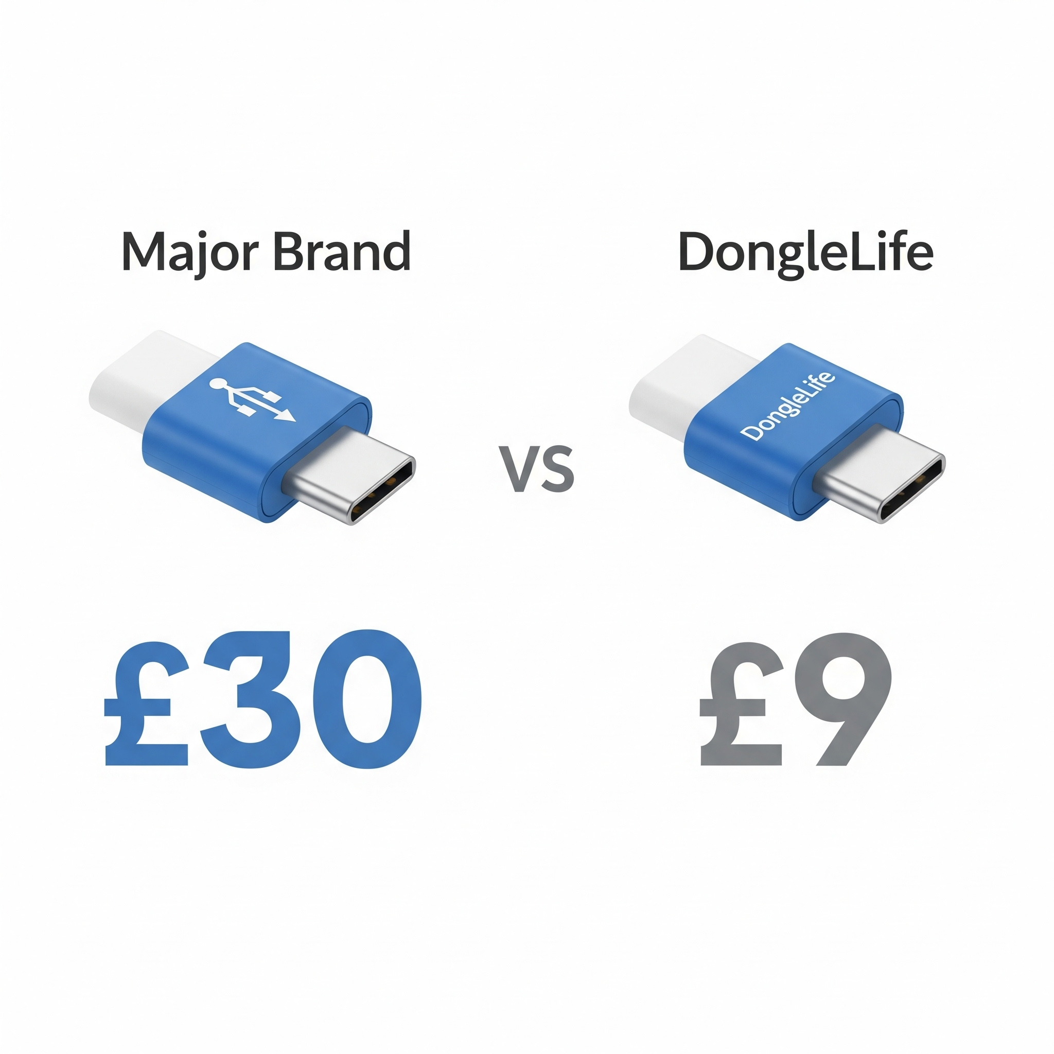 clean infographic comparing the price of USB-C adapters. On the left, under the heading "Major Brand", show a generic adapter icon