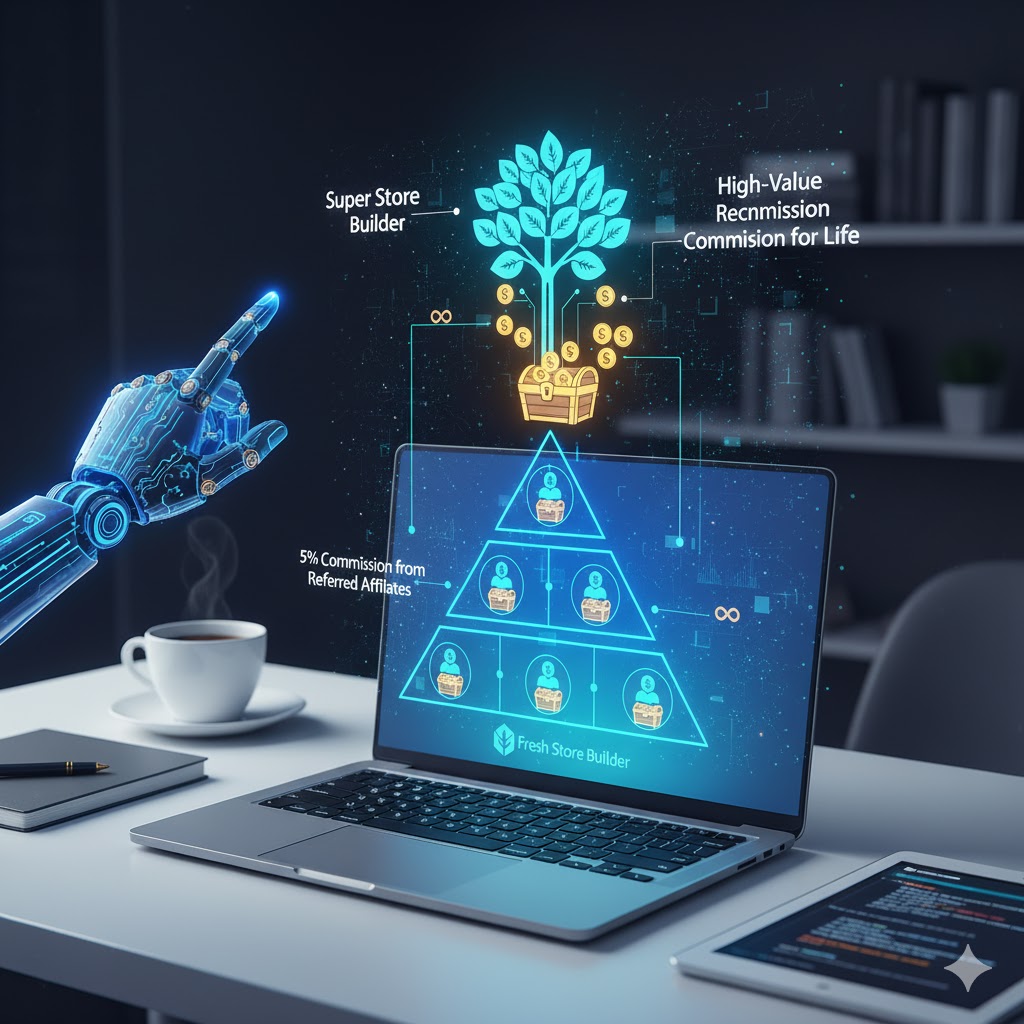 Fresh Store Builder Two-Tier Affiliate Program commission structure, illustrating 30% recurring lifetime income and 5% commission from referred affiliates.