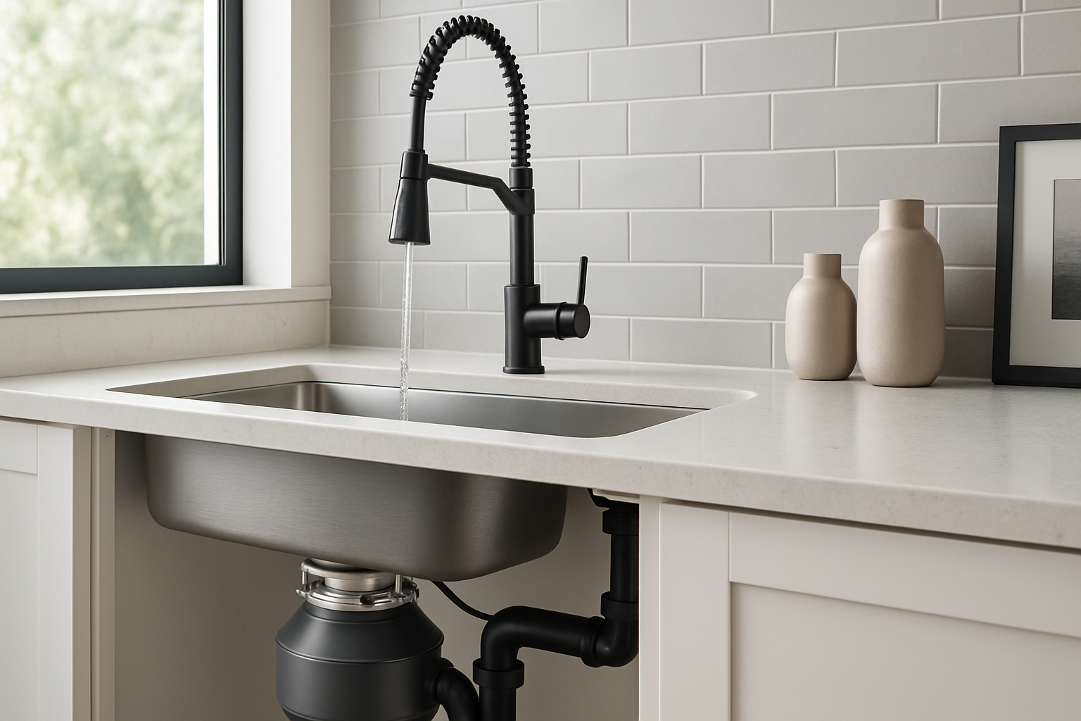 InSinkErator dishwasher connector kit connecting a dishwasher drain hose to a garbage disposal under a kitchen sink