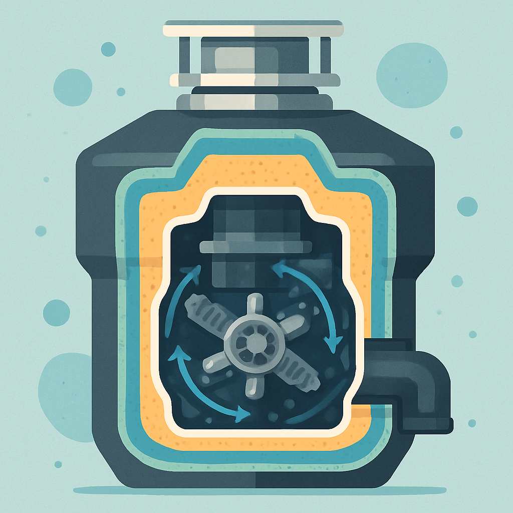 Evolution series garbage disposal emphasizing quiet insulation and multi-stage grind system in modern kitchen