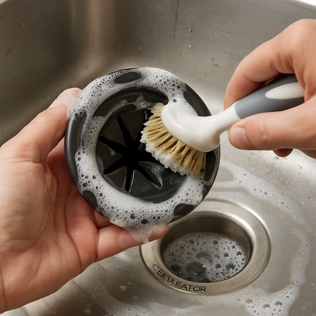 Cleaning an InSinkErator sink baffle with soap and brush