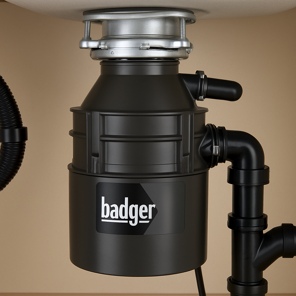 Badger series budget-friendly garbage disposal installed under sink with quick lock mount
