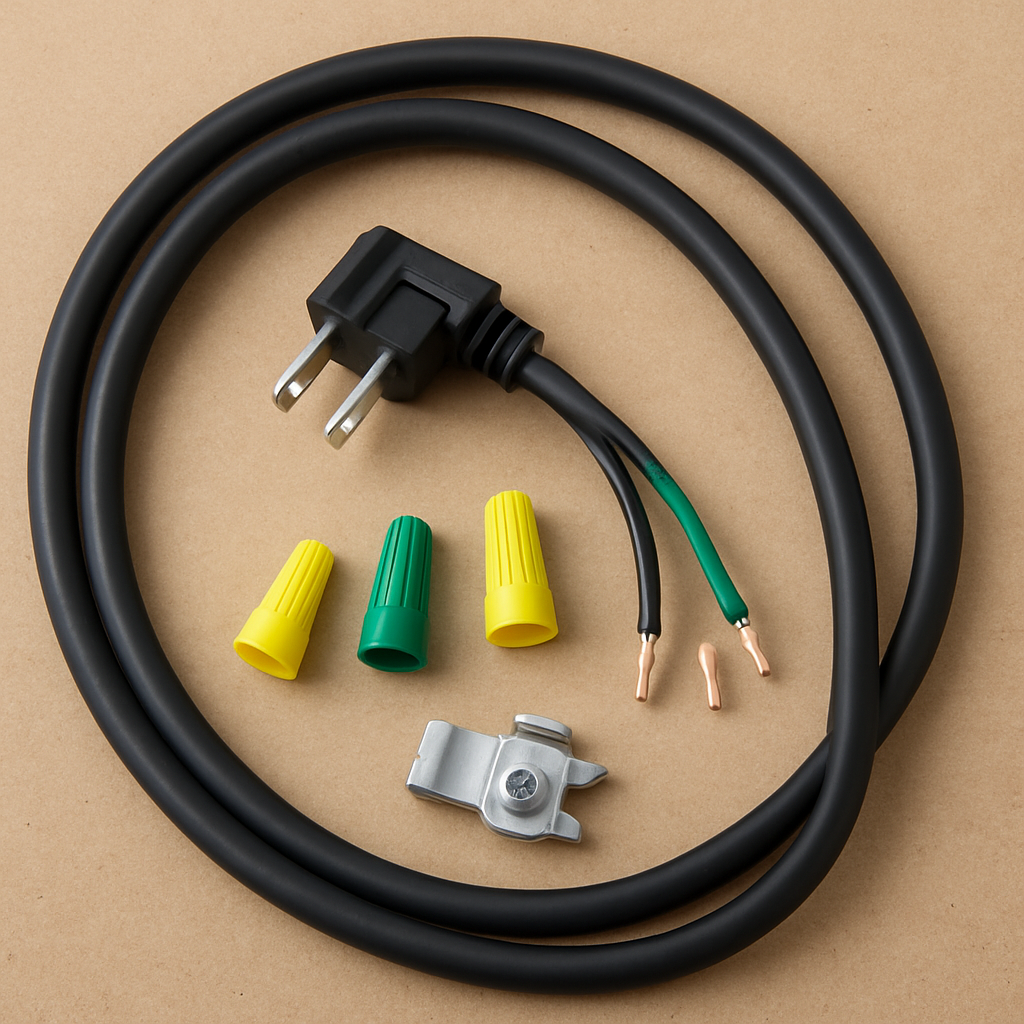 Garbage disposal power cord kit with 3-prong cord, strain relief and wire connectors laid out on a work surface