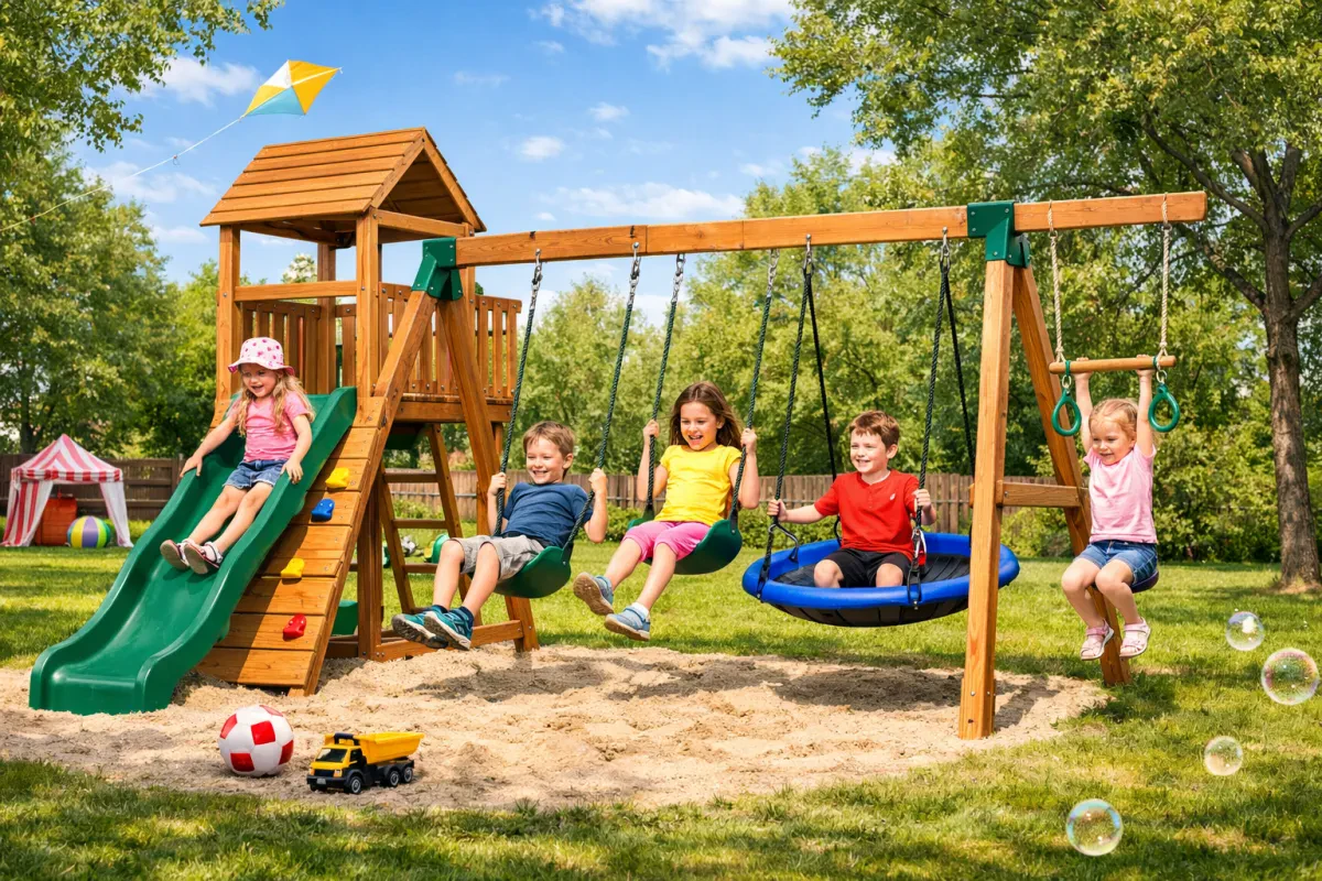 Fun with Outsunny 4-in-1 Wooden Swing Set