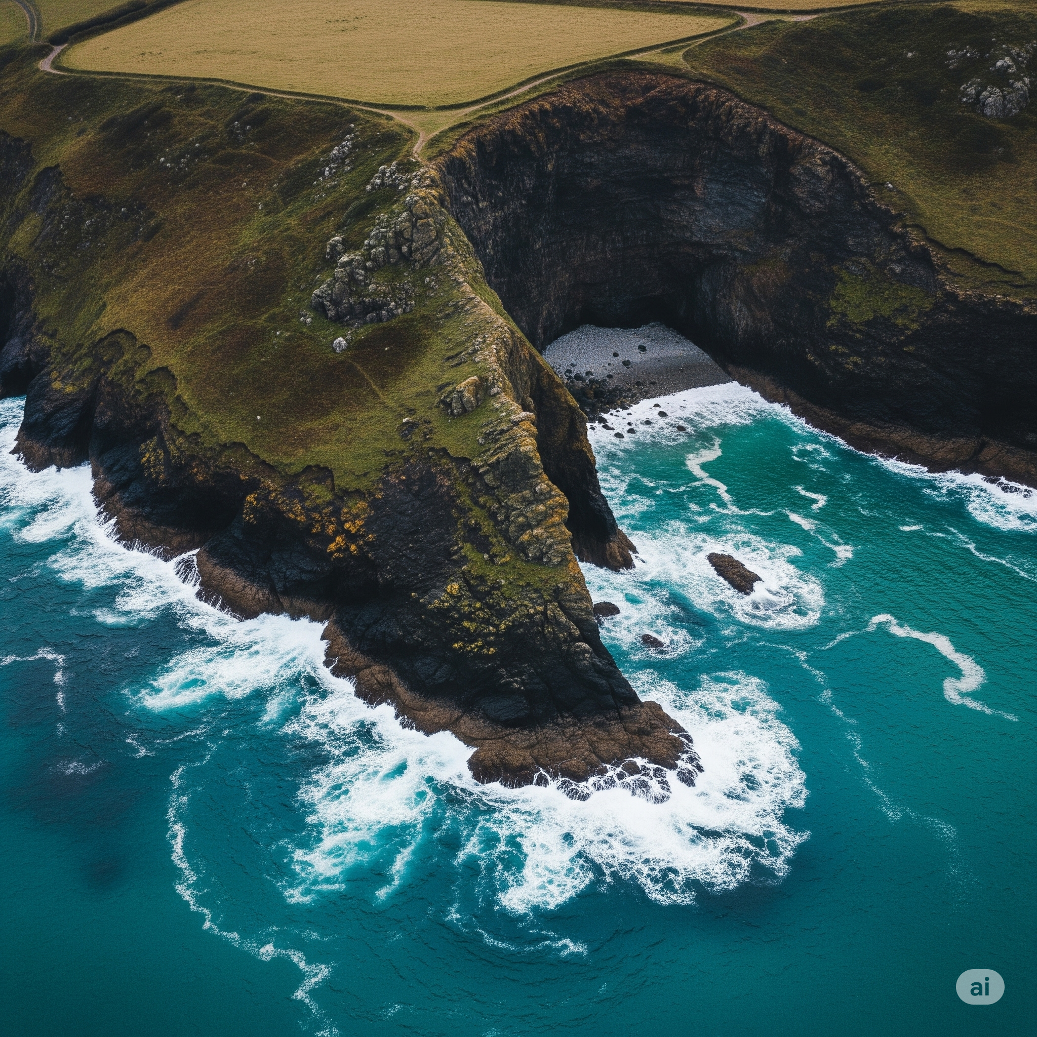 An ultra-sharp and detailed aerial photograph taken by a drone, looking straight down on a moody, dramatic coastline in Cornwall, England.